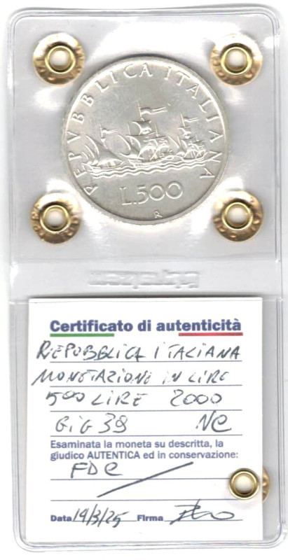 500 Lire Caravelle 2000. Ag. Gig. 39. FDC. Perizia Irpino. NC.

Status: FDC