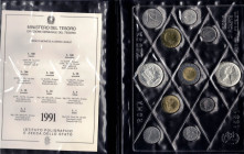 Serie divisionale 1991. 11 valori con 500 lire e 500 Lire Vivaldi. Ag. Gig.18. FDC. Confezione originale della Zecca.