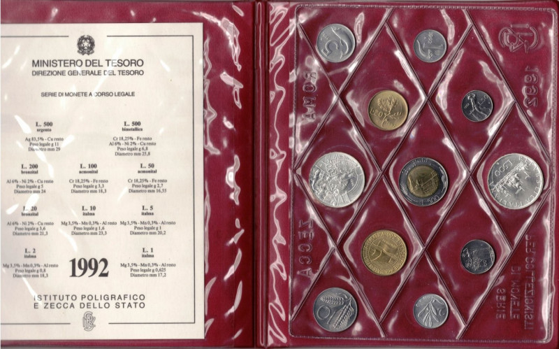 Serie divisionale 1992. 11 valori con 500 lire e 500 Lire Piero della Francesca....