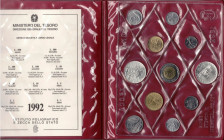 Serie divisionale 1992. 11 valori con 500 lire e 500 Lire Piero della Francesca. Ag. Gig.19. FDC. Confezione originale della Zecca.