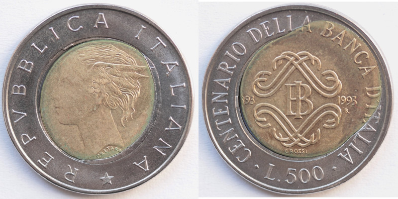 500 Lire 1993. Centenario Banca d'Italia. Errore di Conio "Occhio di bue". Ac-Ba...