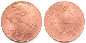 Afis. Amministrazione Fiduciaria Italiana della Somalia. 1950-1960. 10 Centesimi 1950. Ae. Gig. 3. Peso gr. 10,07. Diametro mm. 30. FDC. Rame rosso ec...