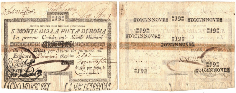 Stato Pontificio. Sacro Monte della Piet&agrave; di Roma. Cedola da 19 Scudi Rom...