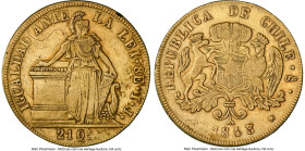 Republic gold 8 Escudos 1843/2 So-IJ XF Details (Obverse Test Cut) NGC, Santiago mint, KM104.1, Fr-41. Reeded edge variety. HID09801242017 © 2024 Heri...