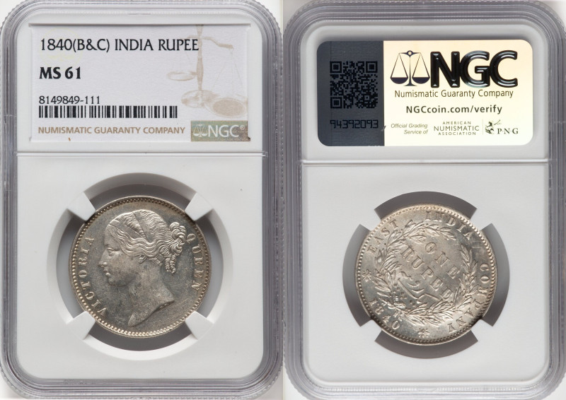 British India. Victoria Pair of Certified Rupees 1840 (b & c) MS61 NGC, Calcutta...