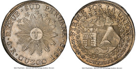 South Peru. Republic 8 Reales 1838 CUZCO-MS UNC Details (Cleaned) NGC, Cuzco mint, KM170.4. A popular sun-face motif with multi-themed reverse. Light ...