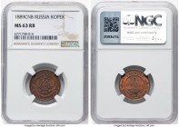 Alexander III Pair of Certified Kopecks NGC, 1) Kopeck 1889-CПБ - MS63 Red and Brown, St. Petersburg mint. KM-Y9.2 2) Kopeck 1894-CПБ - MS64 Brown, St...