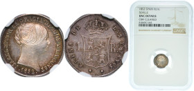 Spain Kingdom 1852 1 Real - Isabel II Silver (.900) Seville Mint 1.3g NGC UNC Cleaned KM 598.3