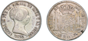 Spain Kingdom 1855 10 Reales - Isabel II Silver (.900) Barcelona Mint 12.71g VF Rim Damage KM 595