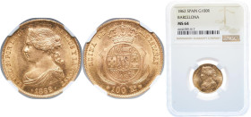 Spain Kingdom 1862 100 Reales - Isabel II Gold (.900) Barcelona Mint 8.3g NGC MS 64 KM 605.1