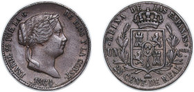Spain Kingdom 1864 25 Centimos de Real - Isabel II Copper Segovia Mint 9.25g XF KM 615