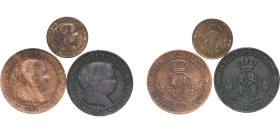 Spain Kingdom 1867 - 1868 Centimo de Escudo - Isabel II (3 Lots) Bronze Barcelona Mint XF KM 633