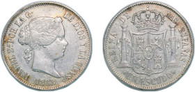 Spain Kingdom 1868 *18-68 1 Escudo - Isabel II Silver (.900) Madrid Mint 12.86g AU KM 626.1