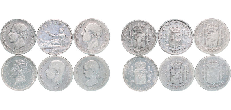 Spain Kingdom 1870 - 1905 2 Pesetas (6 Lots, weight all 58.51gr) Silver Madrid M...