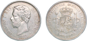 Spain Kingdom 1871 &#128972;18-74 DEM 5 Pesetas - Amadeo I Silver (.900) Madrid Mint (5075000) 25g XF KM 666