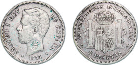 Spain Kingdom 1871 &#128972;SDM 5 Pesetas - Amadeo I (Countermarked issue with fake stamp) Silver (.900) Madrid Mint 24.82g VF KM 666