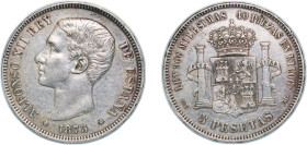 Spain Kingdom 1875 &#128972;18-75 DEM 5 Pesetas - Alfonso XII (1st portrait;legend in edge) Silver (.900) Madrid Mint (8641000) 24.92g XF KM 671