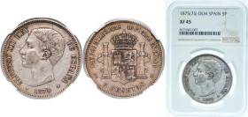 Spain Kingdom 1875 &#128972;18-75 DEM 5 Pesetas - Alfonso XII (1st portrait;legend in edge) Silver (.900) Madrid Mint (8641000) 25g NGC XF 45 KM 671