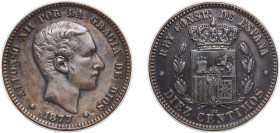 Spain Kingdom 1877 OM 10 Centimos - Alfonso XII Bronze Barcelona Mint (29567000) 9.96g AU KM 675