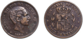 Spain Kingdom 1878 OM 10 Centimos - Alfonso XII Bronze Barcelona Mint (68740000) 9.97g VF KM 675