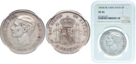 Spain Kingdom 1878 &#128972;18-78 EMM 5 Pesetas - Alfonso XII (2nd portrait) Silver (.900) Madrid Mint (4147986) 25g NGC XF 45 KM 676