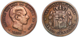 Spain Kingdom 1879 OM 5 Centimos - Alfonso XII Bronze Barcelona Mint (54994000) 4.8g XF KM 674
