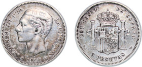 Spain Kingdom 1879 &#128972;18-79 EMM 5 Pesetas - Alfonso XII (2nd portrait) Silver (.900) Madrid Mint (1634000) 24.74g VF KM 676