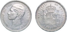 Spain Kingdom 1881 &#128972;18-81 MSM 5 Pesetas - Alfonso XII (2nd portrait) Silver (.900) Madrid Mint (699000) 24.96g XF KM 676