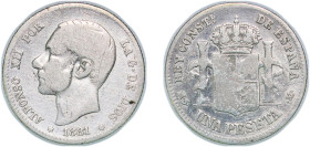 Spain Kingdom 1881 &#128972;MSM 1 Peseta - Alfonso XII (2nd portrait) Silver (.835) Madrid Mint (798809) 4.77g VF KM 686