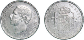 Spain Kingdom 1883 &#128972;18-83 MSM 5 Pesetas - Alfonso XII (3rd portrait) Silver (.900) Madrid Mint (5507459) 24.92g AU KM 688