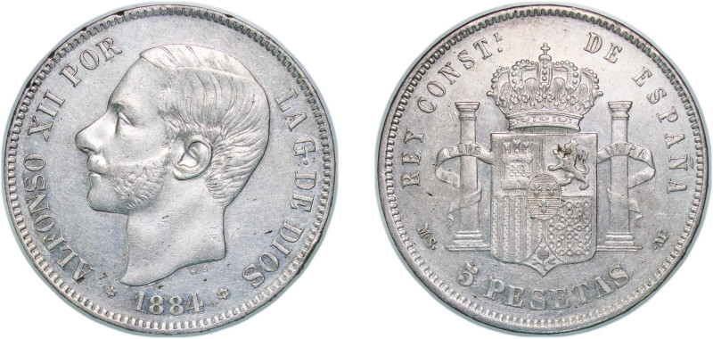 Spain Kingdom 1884 &#128972;18-84 MSM 5 Pesetas - Alfonso XII (3rd portrait) Sil...