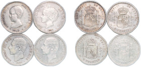 Spain Kingdom 1885 - 1892 5 Pesetas (4 Lots, weight all 99.61gr) Silver (.900) Madrid Mint VF