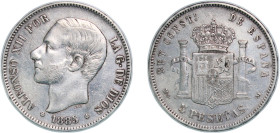 Spain Kingdom 1885 &#128972;18-85 MSM 5 Pesetas - Alfonso XII (3rd portrait) Silver (.900) Madrid Mint (3144452) 24.76g XF KM 688