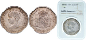 Spain Kingdom 1889 &#128972;18-89 MPM 5 Pesetas - Alfonso XIII (1st portrait) Silver (.900) Madrid Mint (4681328) 25g NGC XF 40 KM 689