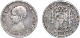 Spain Kingdom 1891 &#128972;18-91 PGM 2 Pesetas - Alfonso XIII (1st portrait) Silver (.835) Madrid Mint (93000) 9.81g VF KM 692