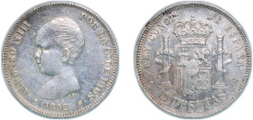 Spain Kingdom 1892 &#128972;18-92 PGM 2 Pesetas - Alfonso XIII (1st portrait) Silver (.835) Madrid Mint (1379000) 9.99g AU KM 692