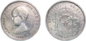 Spain Kingdom 1892 &#128972;18-92 PGM 5 Pesetas - Alfonso XIII (1st portrait) Silver (.900) Madrid Mint (7000000) 24.77g XF KM 689