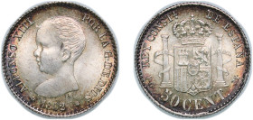 Spain Kingdom 1892 &#128972;9-2 PGM 50 Centimos - Alfonso XIII (1st portrait) Silver (.835) Madrid Mint (3953540) 2.5g UNC KM 690