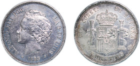 Spain Kingdom 1893 &#128972;18-93 PGL 5 Pesetas - Alfonso XIII (2nd portrait) Silver (.900) Madrid Mint (2500000) 24.96g UNC Cleaned KM 700
