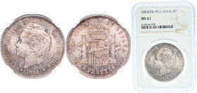 Spain Kingdom 1893 &#128972;18-93 PGV 5 Pesetas - Alfonso XIII (2nd portrait) Silver (.900) Madrid Mint (518000) 25g NGC MS 61 KM 700