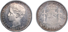 Spain Kingdom 1896 &#128972;18-96 PGV 1 Peseta - Alfonso XIII (3rd portrait) Silver (.835) Madrid Mint (6412000) 4.91g UNC KM 706