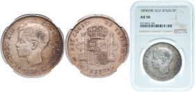 Spain Kingdom 1898 &#128972;18-98 SGV 5 Pesetas - Alfonso XIII (3rd portrait) Silver (.900) Madrid Mint (39977000) 25g NGC AU 50 KM 707