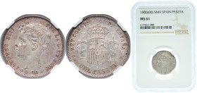 Spain Kingdom 1900 &#128972;19 -00 SMV 1 Peseta - Alfonso XIII (3rd portrait) Silver (.835) Madrid Mint (18650000) 5g NGC MS 61 KM 706