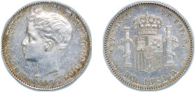Spain Kingdom 1900 &#128972;19-00 SMV 1 Peseta - Alfonso XIII (3rd portrait) Silver (.835) Madrid Mint (18650000) 5g AU KM 706