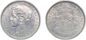 Spain Kingdom 1901 &#128972;19-01 SMV 1 Peseta - Alfonso XIII (3rd portrait) Silver (.835) Madrid Mint (8449000) 5.02g AU KM 706