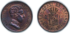 Spain Kingdom 1906 &#128972;6 SLV 1 Centimo - Alfonso XIII (4th portrait) Bronze Madrid Mint (7500000) 1.04g UNC KM 726