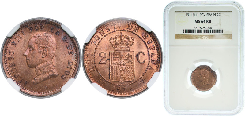 Spain Kingdom 1911 &#128972;11 PCV 2 Centimos - Alfonso XIII (5th portrait) Bron...
