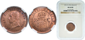 Spain Kingdom 1911 &#128972;11 PCV 2 Centimos - Alfonso XIII (5th portrait) Bronze Madrid Mint (2284000) 2g NGC MS 64 KM 732