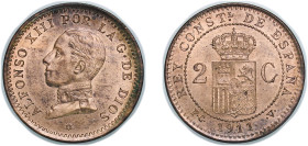 Spain Kingdom 1911 &#128972;11 PCV 2 Centimos - Alfonso XIII (5th portrait) Bronze Madrid Mint (2284000) 2g UNC KM 732