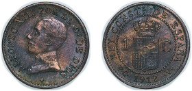 Spain Kingdom 1912 &#128972;2 PCV 1 Centimo - Alfonso XIII (5th portrait) Bronze Madrid Mint (2109000) 1g AU KM 731